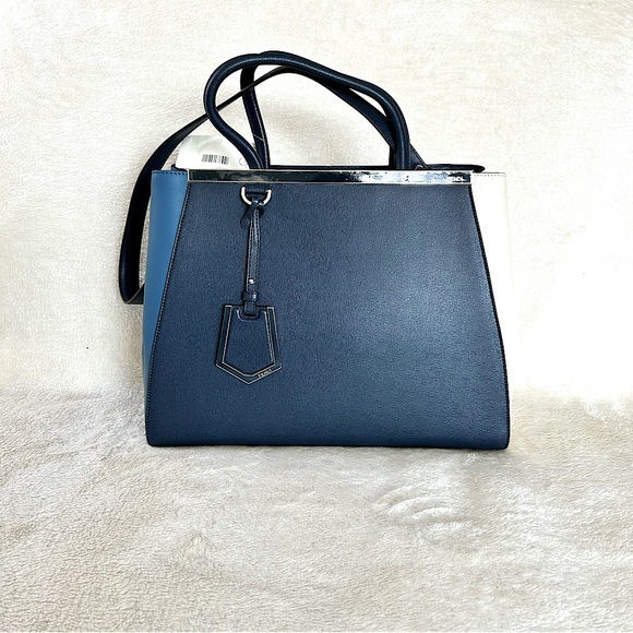 NWT Authentic Fendi 2 Jours Color Block Calf Leather Tote Bag Blue & White - Picture 1 of 15